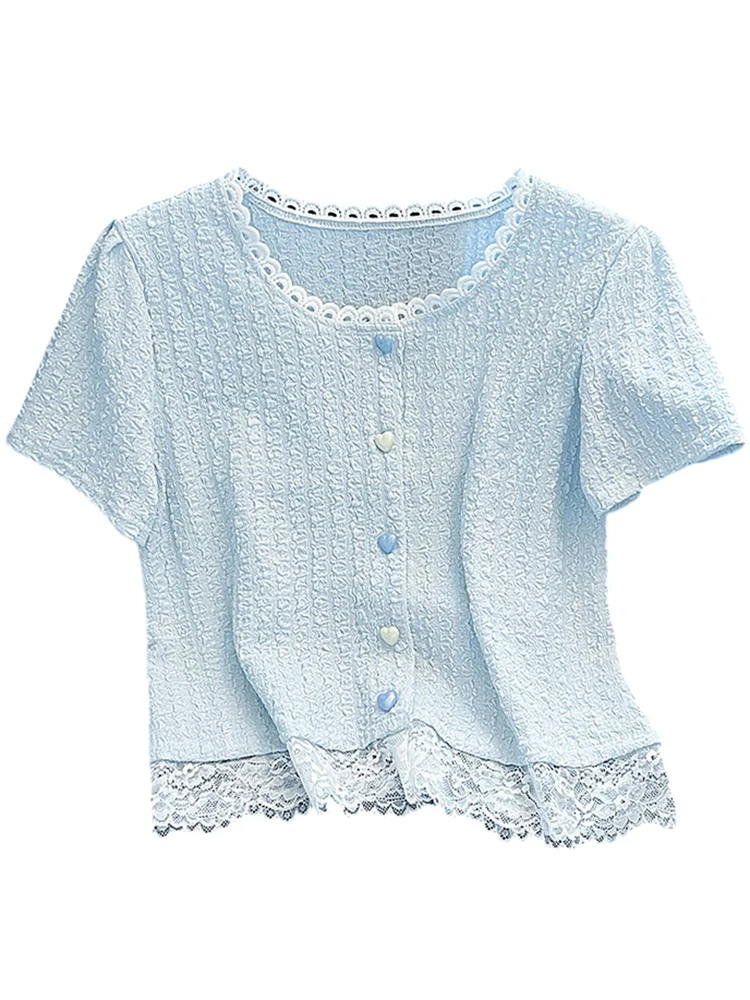 Slimming ort Sve T-irt Women's Summer New Sle Lace Trim Splicing Self-Kee Korean Version Straight Cut Silk Top