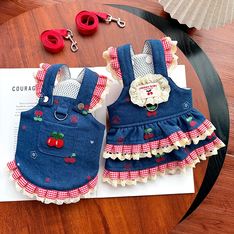 Conjunto de Vestido para Perro con Correa, Ropa para Perro, Disfraz Chic de Mezclilla, Suministros para Perros y Gatos, Chaleco de Malla Suave, Mono para Cachorro