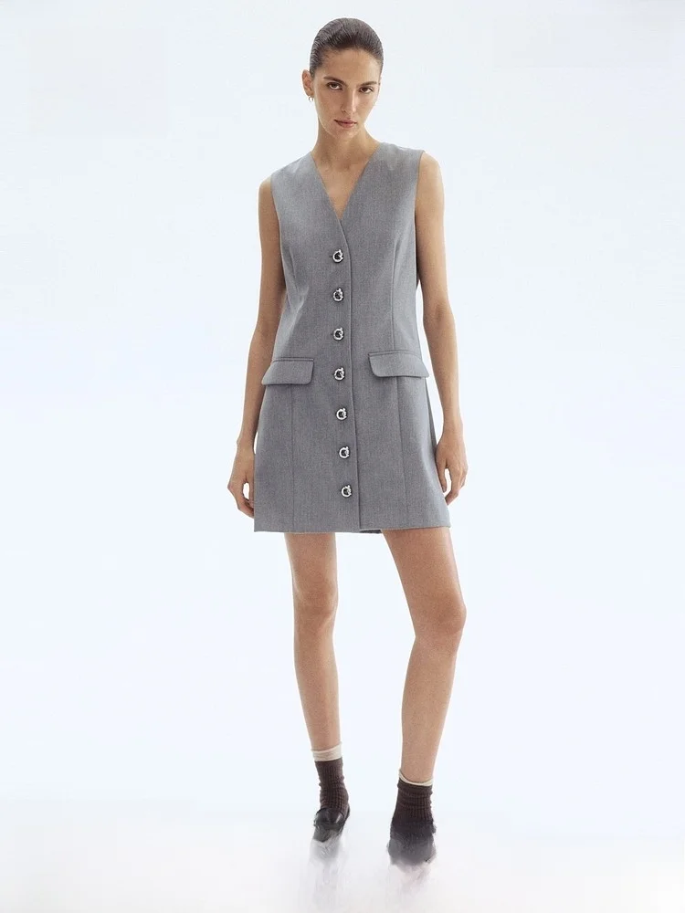 

Ele Front Button Dr H&M Spring Women's Faion Polite Sestion V Ne Svel Fit Version Polyester Rayon Fabric