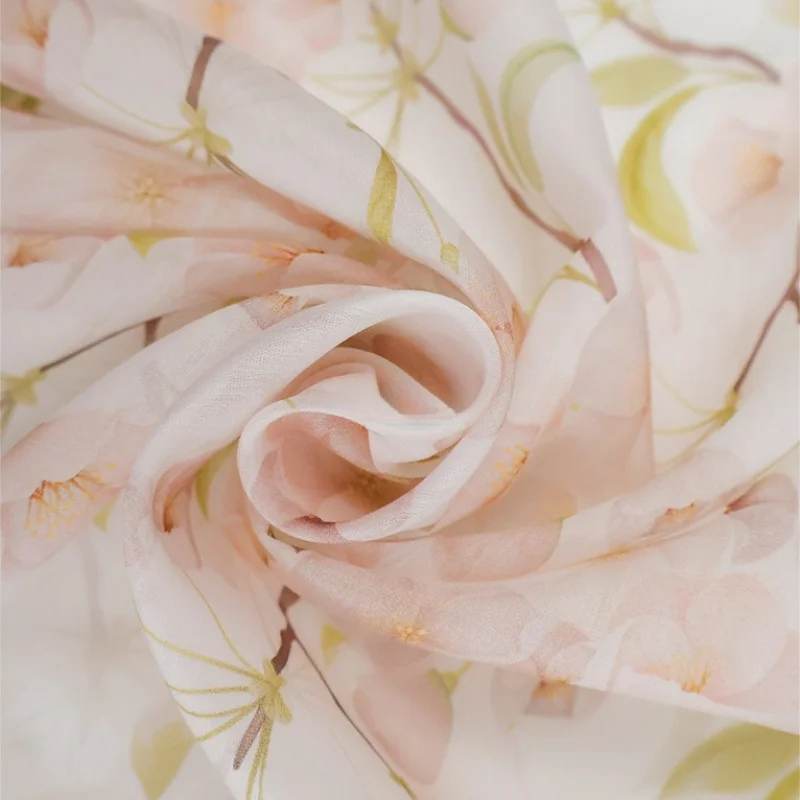 Fabric Island Semi-transparent white base with pink peach blossom print, silk-linen-mulberry-silk fabric Classical Hanfu fabric