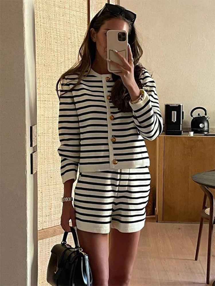 Trendix Knit Striped Shorts 2 Piece Set Women Autumn Loose Long Sleeve Patchwork Cardigan Elasticity Knitwear Shorts Suits Femme