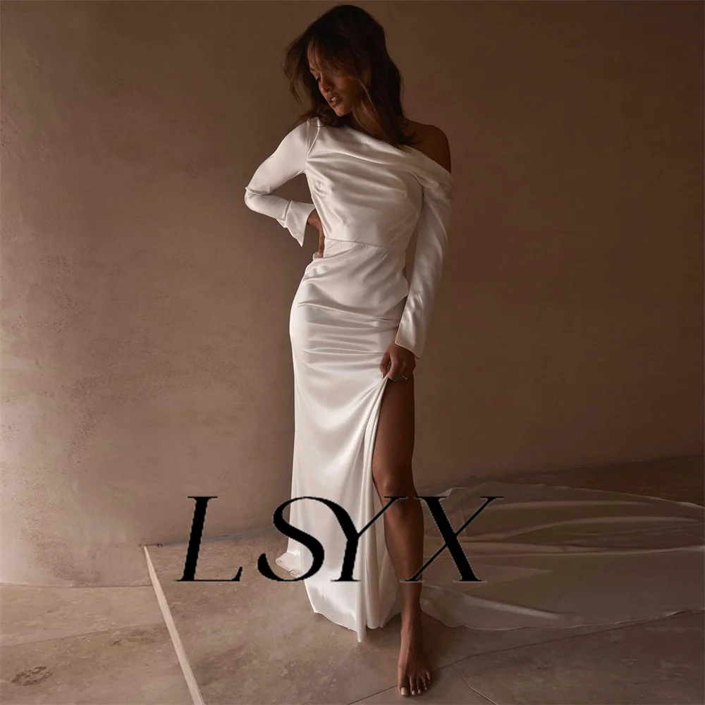 LSYX Sleeveless Simple One-Shoulder Long Sleeves Sheath Wedding Dress Soft Satin Open Back Floor Length Bridal Gown Custom Made