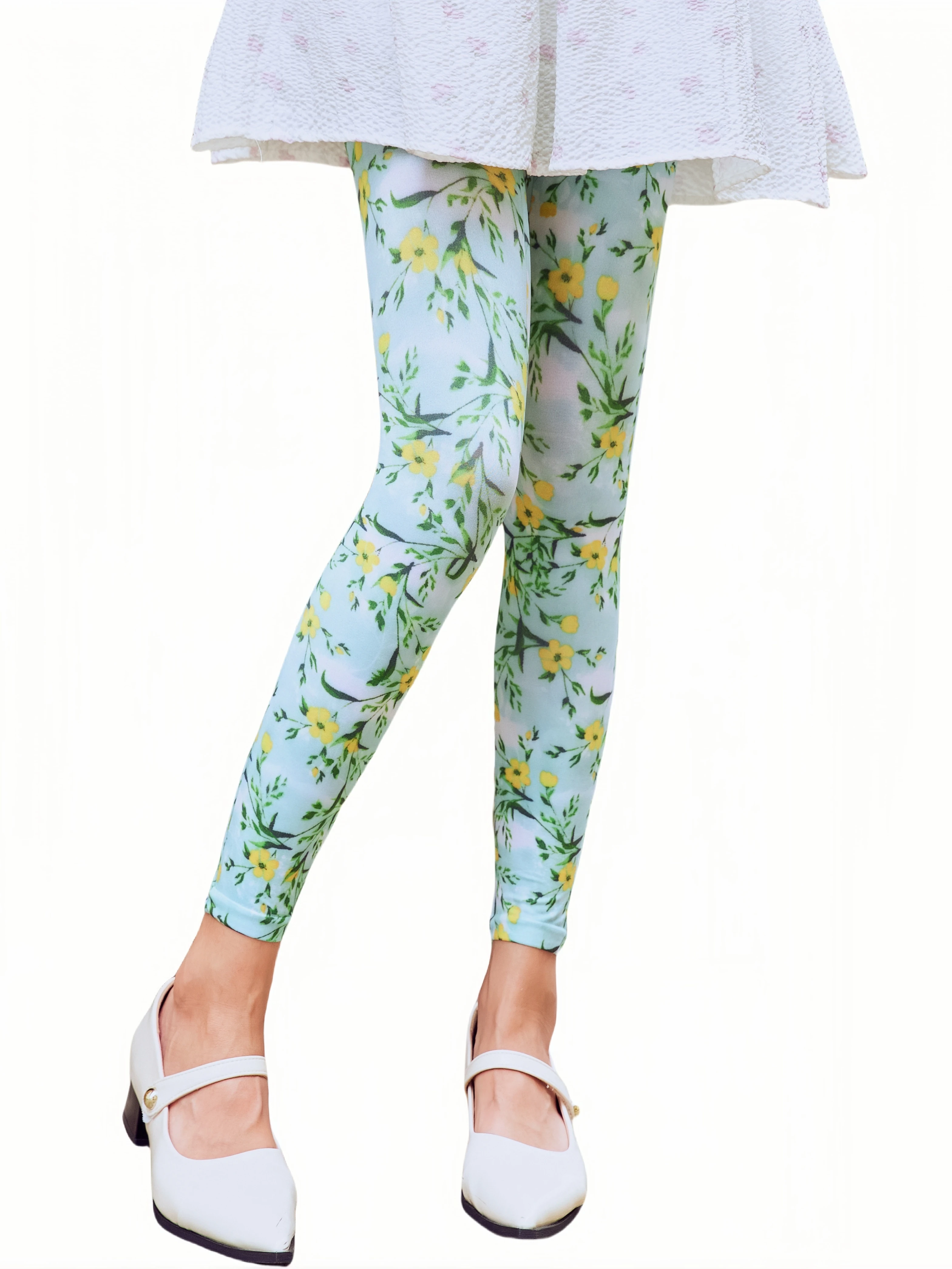 Sahabowi yellow flowers leafs patterns nine pants opaque soft digital leggings for women