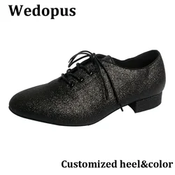 Wedopus Custom Handmade 2.5CM Bachata Dance Shoes Men Suede Sole Black Glitter Dance Shoes Men Standard