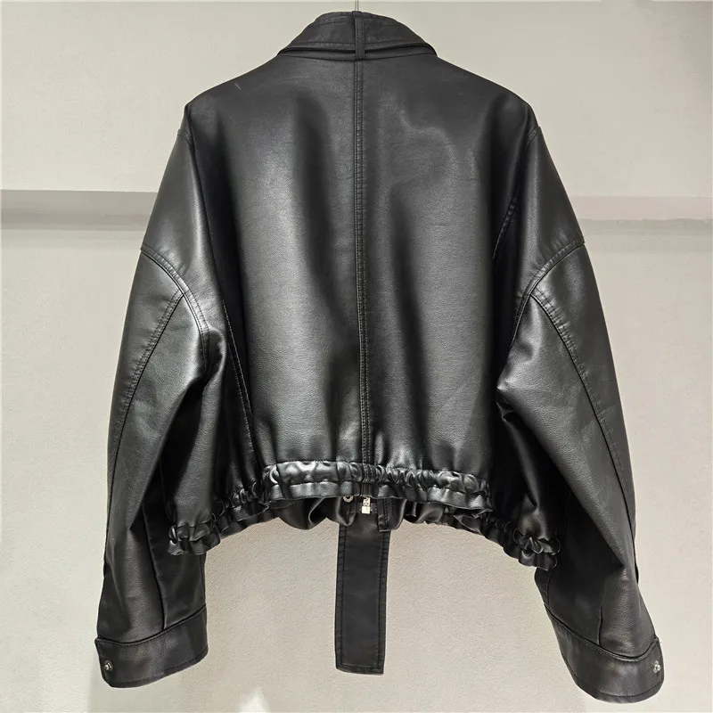 Chaqueta de piel sintética negra de alta calidad con cuello levantado y bolsillo grande holgado con cremallera de manga larga para otoño chaqueta de motociclista para mujer Streetwe