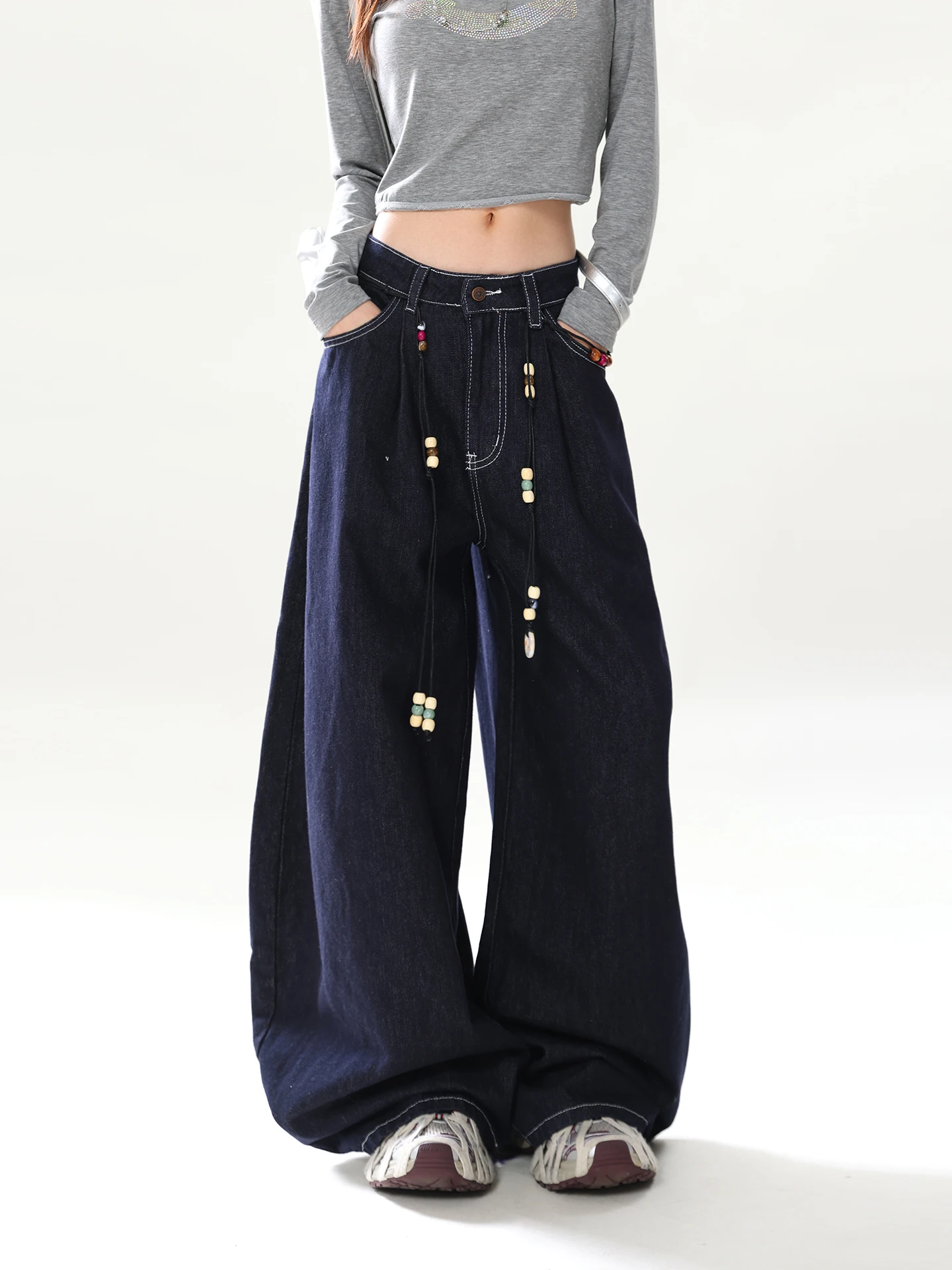 

Retro American Design Beaded Waist Cord Wide Leg Loose Casual Long Pants Women's Denim Knife Jeans Cotton l Waist