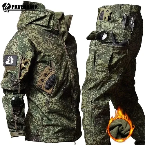 Imagen 1 del producto Traje de camuflaje grueso de invierno para hombre, conjunto de entrenamiento táctico impermeable, chaqueta con capucha multibolsillo, pantalones de lana para caza al aire libre, 2 piezas