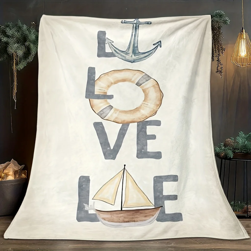 Waterproof Nautical Throw Blanket Ocean Coastal Boho Decor Anchor Sailboat Pattern Cozy Beach Home Decor Living Room Accent Wrap
