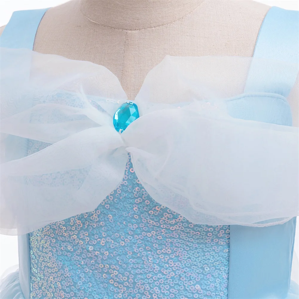 Fancy Girls Cinderella Princess Dress Kids Cosplay Sequin Party Dresses Young Girl Blue Evening Fashion Prom Gown Children Wear