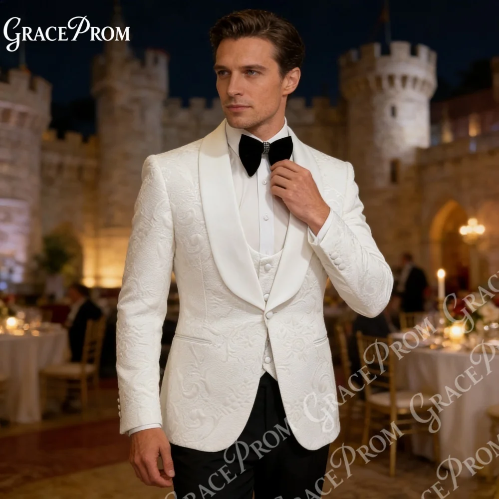 

Elegant White Jacquard Mens Tuxedo 3PCS With Embossed Floral Pattern 2026 Luxury Groom Suit For Wedding Prom Party Best Man