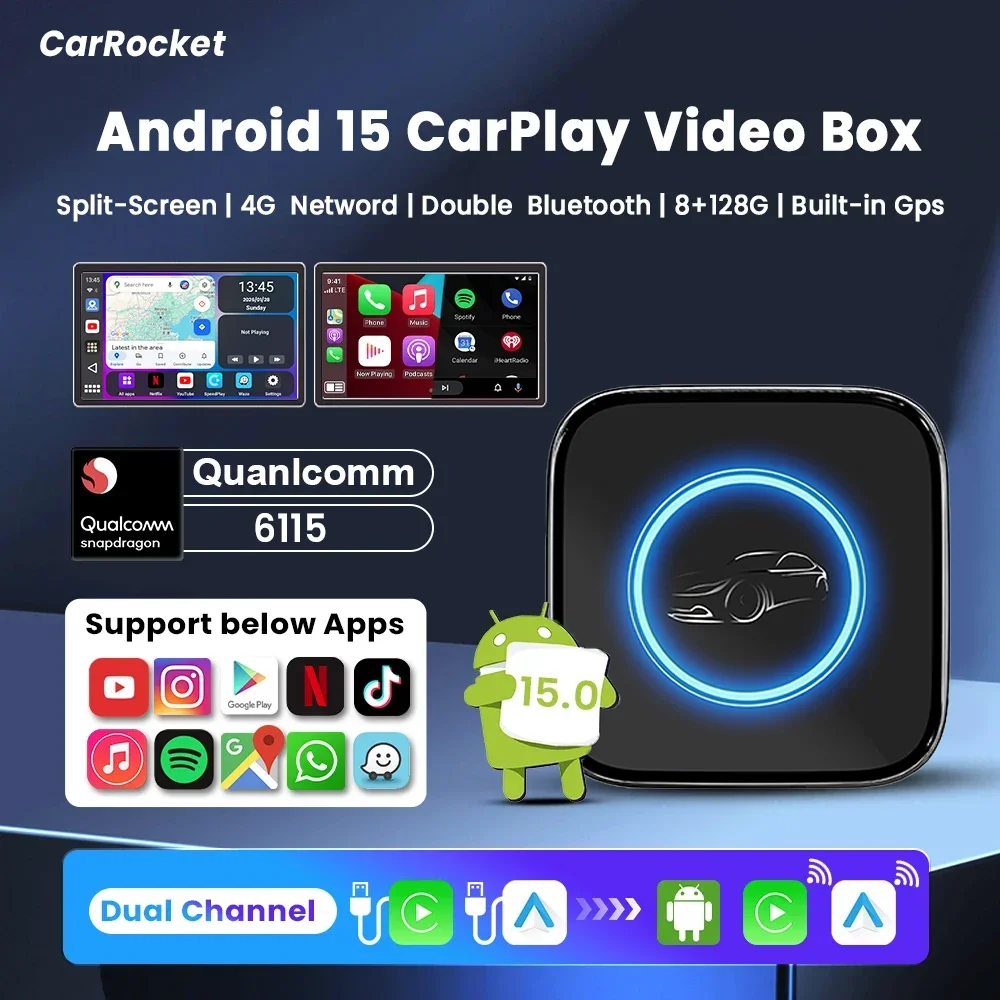 2026Android15 CarPlay Ai Box CarRocket Wireless Android Auto 4in1 USB Adapter For Youtube Netflix Universal TV Box Plug And Play