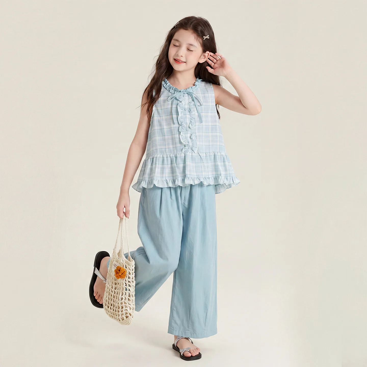 

Korean Style Girls Plaid Ruffle 2-Piece Outfit, Sleeveless Peplum Top Blouse & Wide Leg Pants, Sweet Casual Summer Kids Clothes