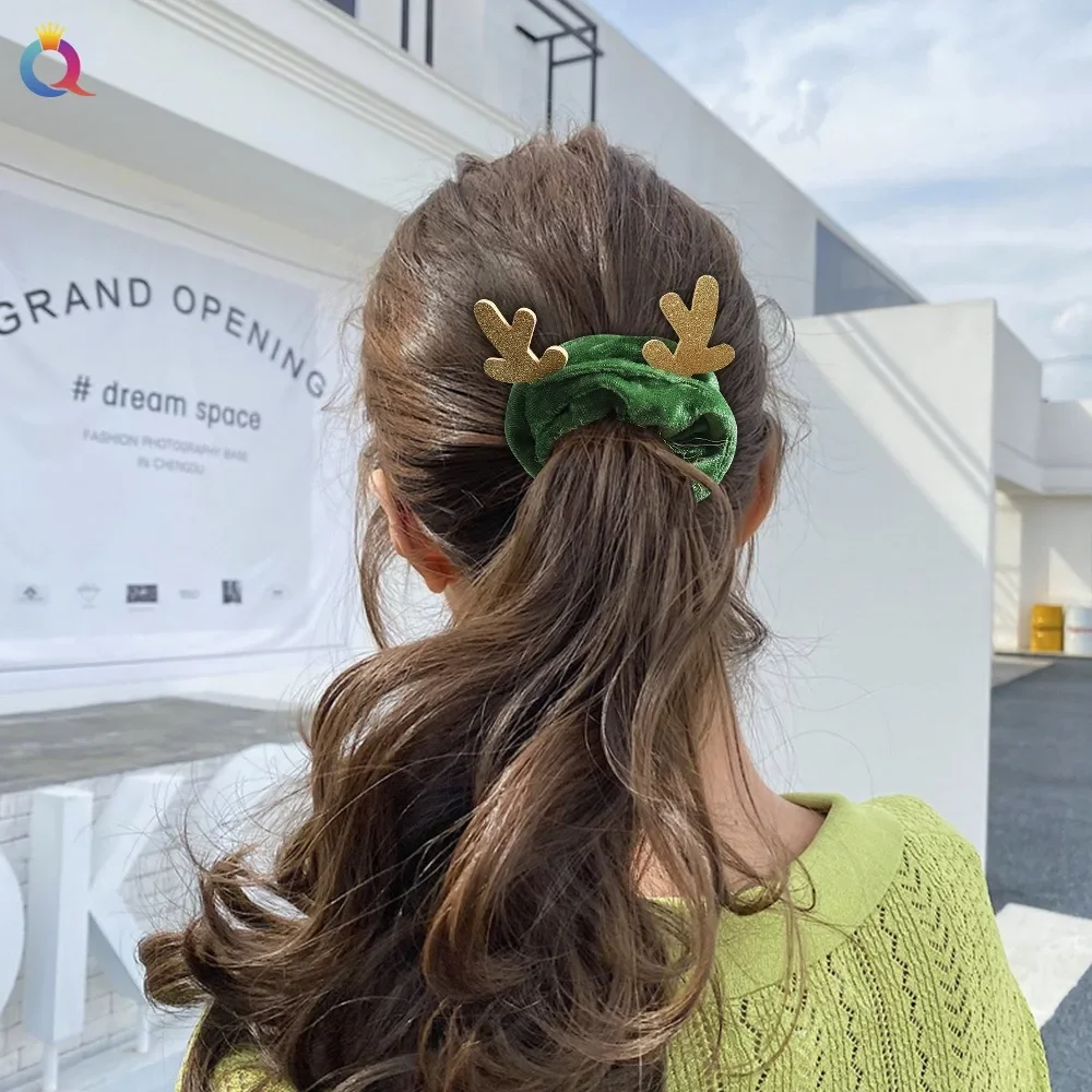 Laço de cabelo de chifre de veado, rabo de cavalo alto de natal, corda de cabelo vermelha e verde, festa de feriado, ano novo, acessórios de cabelo, presentes de natal