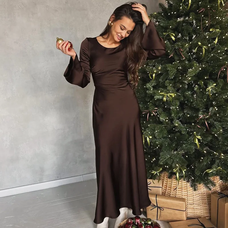 

Ticketsx Brown O-Neck Long Sleeve Slim Women Dress Fashion Lace Up Ruched Maxi Dress Fashion Casual Office Lady Commute Dress