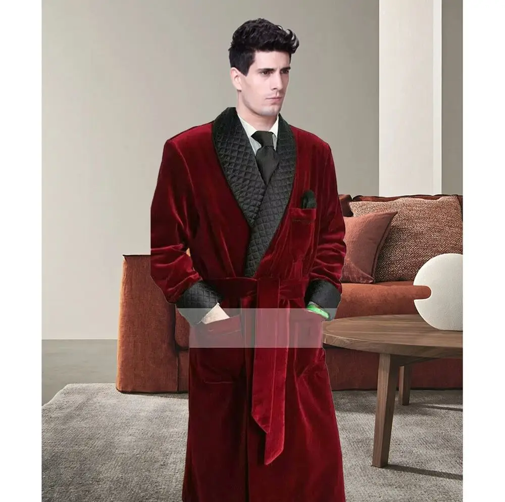 Burgundy Velvet Belt Design Smoking Long  Jacket Costume Homme Loose Daily Blazer One Piece