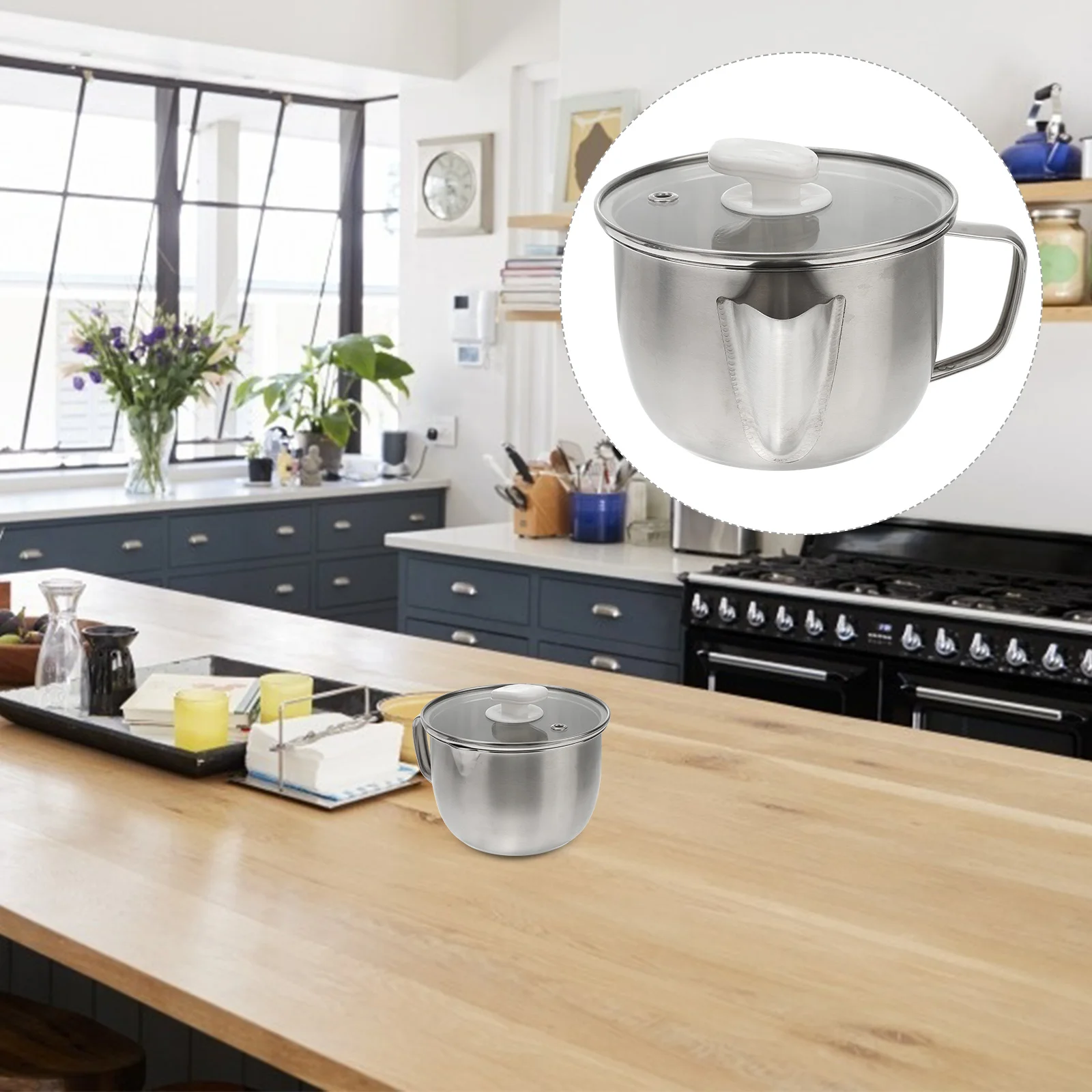 

Stainless Steel Oil Filter Pot Unique Arc Spout Fat Separator Anti-Scald Handle Kitchen Grease Separator Container