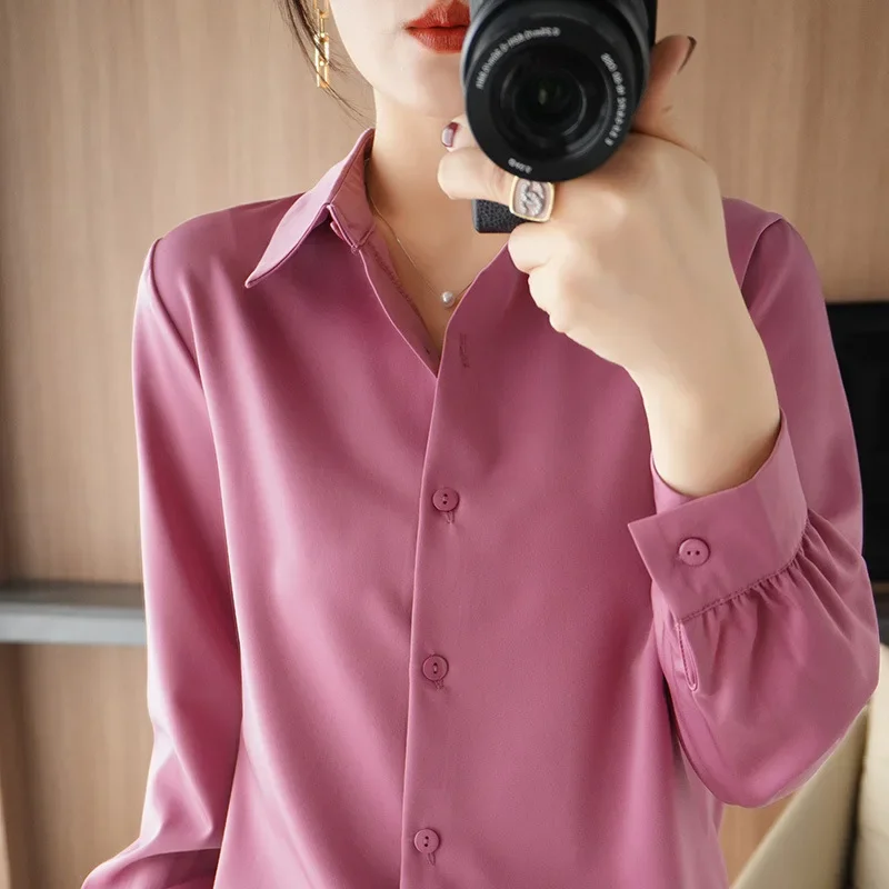 2025 Summer Women's Satin Blouse Long Sleeve Loose Thin Shirts Silk Office Lady Top Acetate Solid Color Turn-down Collar Shirt