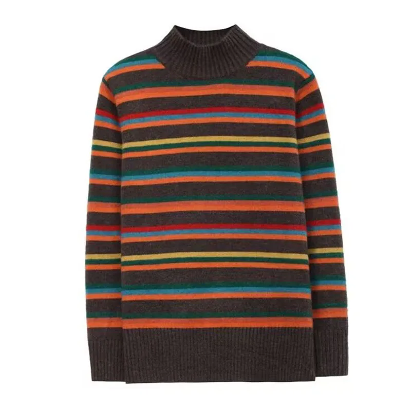 

Half Turtleneck Striped Sweater Women Autumn Winter Add Velvet/ No Velvet Knitted Sweater Fashion Color Matching Pullover Jumper