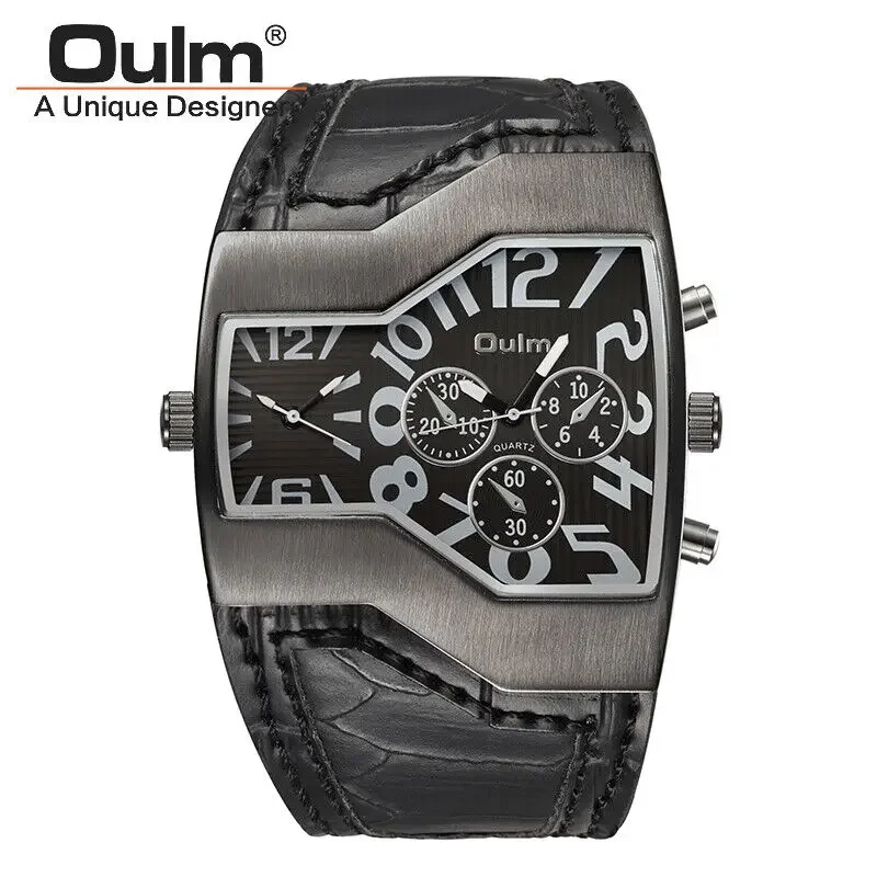 

Oulm 1220 Men's Watches Dual Time Zone Quartz Wristwatch Leather Strap Watch