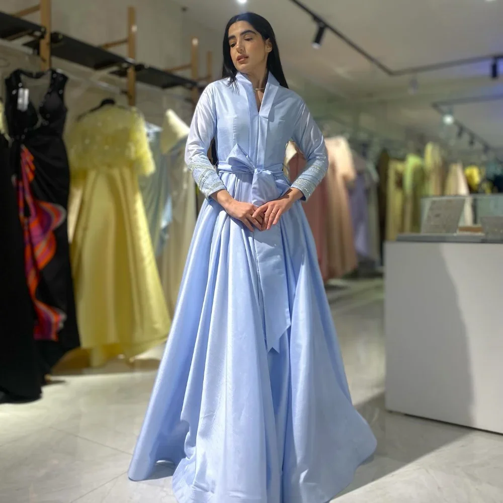 Customized Satin Sash Draped Rhinestone Graduation A-line V-neck Bespoke Occasion Gown Long Dresses