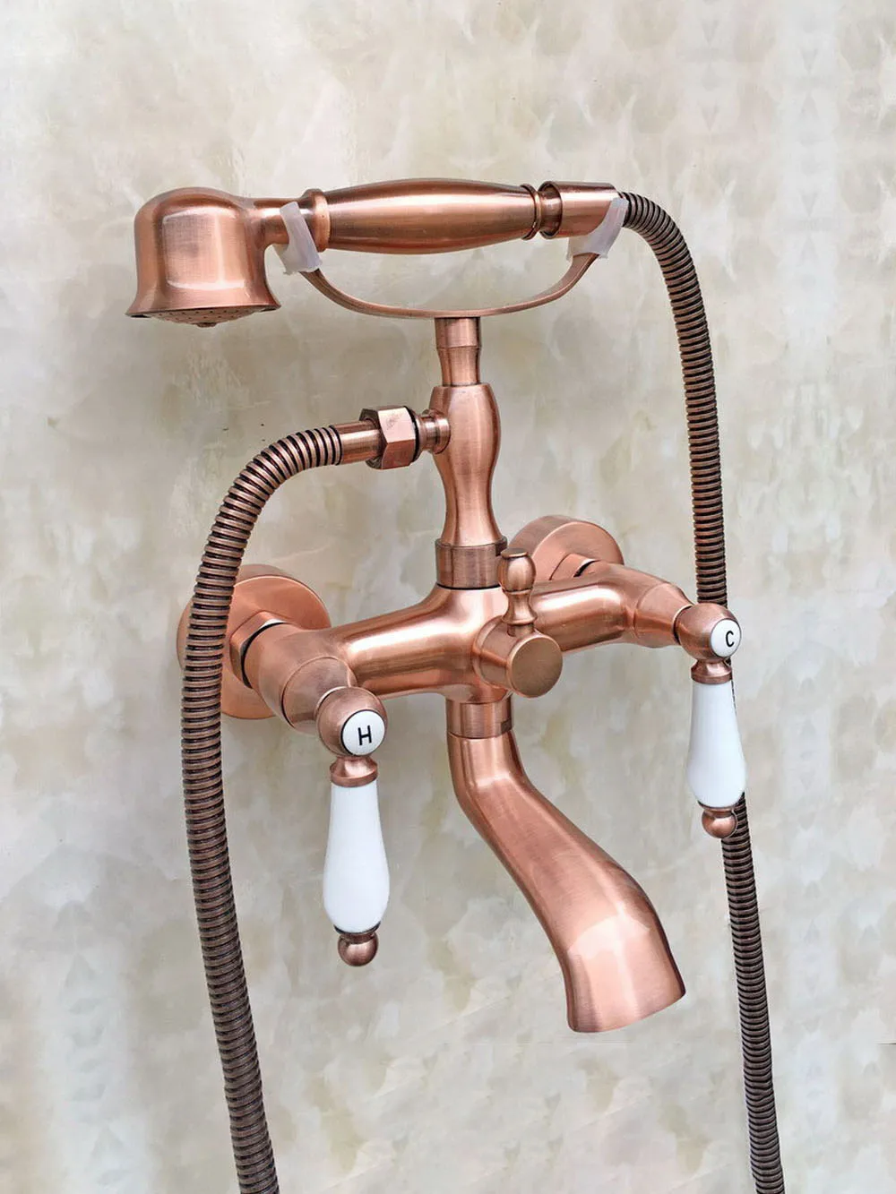 

Antique Red Copper Wall Mounted Bathroom Bath Tub Faucet Set WITH/ 150CM Handheld Shower Spray Head Mixer Tap Dtf806