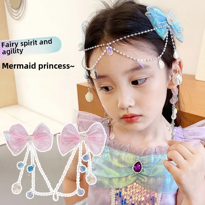 Children's Bow Forehead Chain Forehead Decoration Mermaid Pearl Tassel Hairpin Girl Mermaid Ear Hanging Girl Headdress