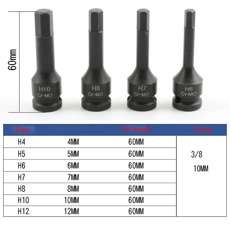 7PCS/set 60mm Long 3/8' Square Driver Drill Bit Socket Adapter H4 H5 H6 H7 H8 H10 H12 Hex Head Screwdriver Bit Hand Tool Wrench