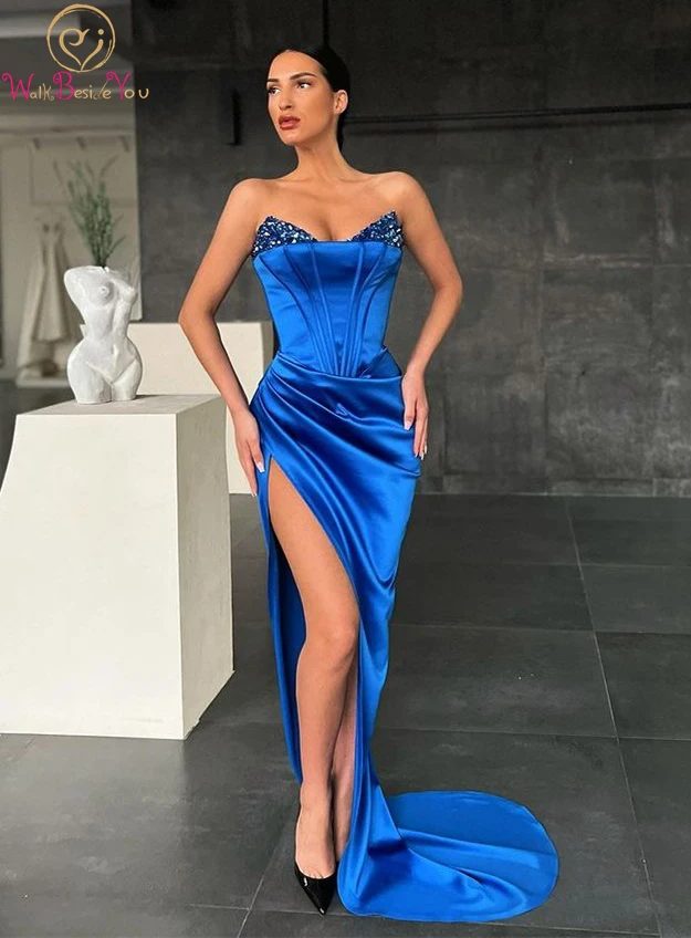 

Royal Blue Evening Dress 2022 Elegant Side High Slit V Neck Strapless Elastic Satin Mermaid Prom Gown Gala Sequined Party Women