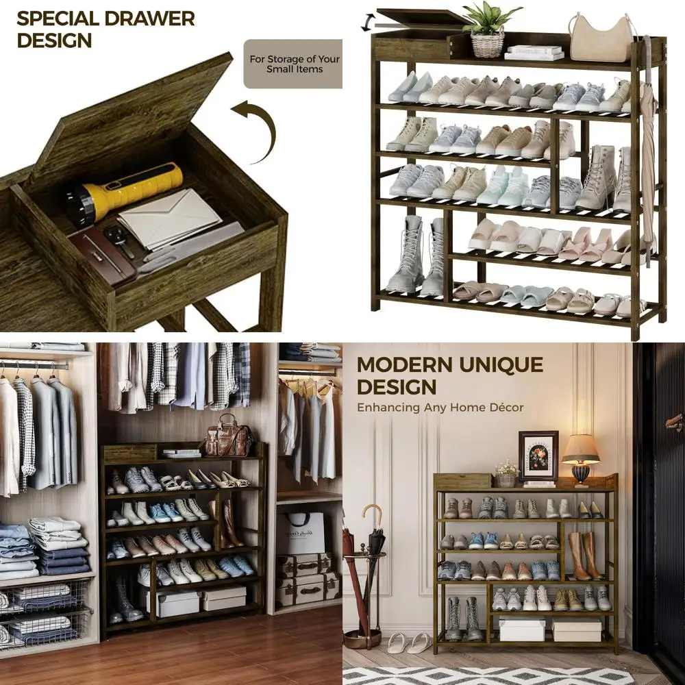 

Dark Brown Bamboo Freestanding Shoe Rack with Storage for Entryway, Closet, and Doorway