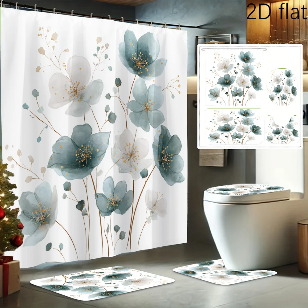 

2D Flat 4pcs Elegant Floral Illustration Printed Shower Curtain Set, Bathroom Decor Kit Includes Shower Liner, Non-Slip Mat