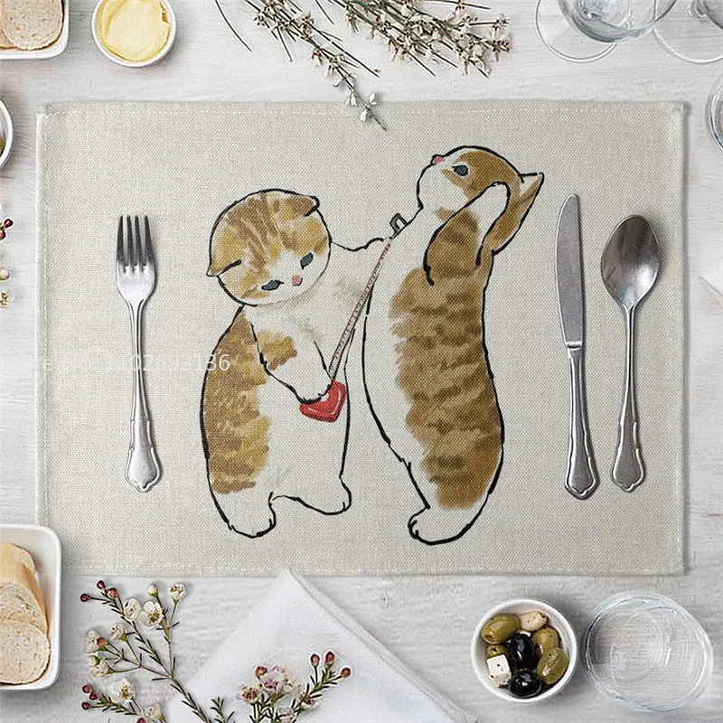 1 Pcs Dining Table Mats Cute Funny Cat Pattern Kitchen Placemat Drink Coasters Western Pad Cotton Linen Cup Mat Table Dining