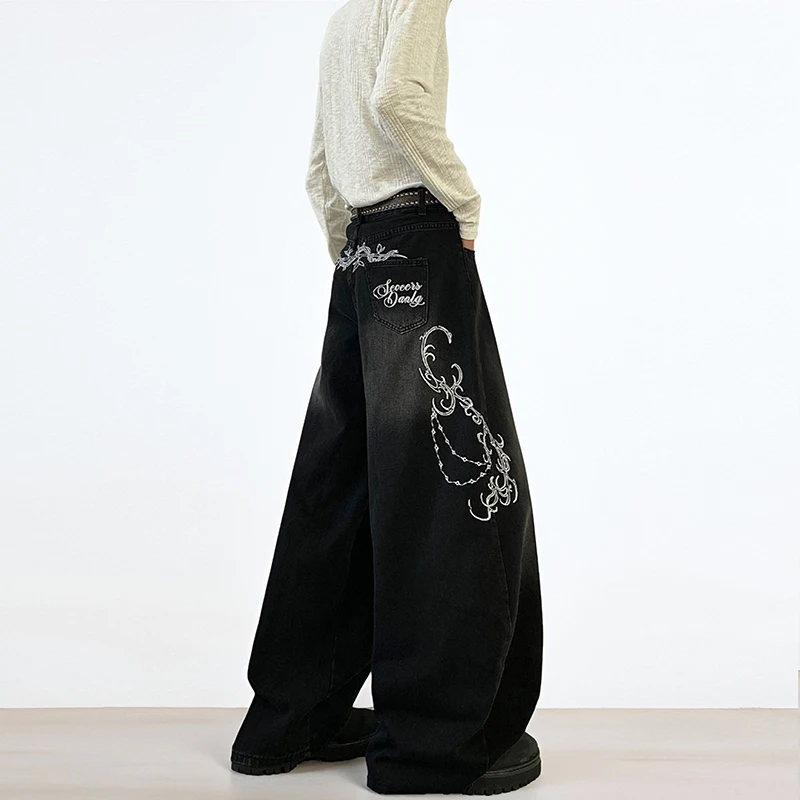 

American Style Men's Jeans Embroidery Contrast Color Casual Vintage Trousers Autumn Wide Leg Male Denim Pants Stylish