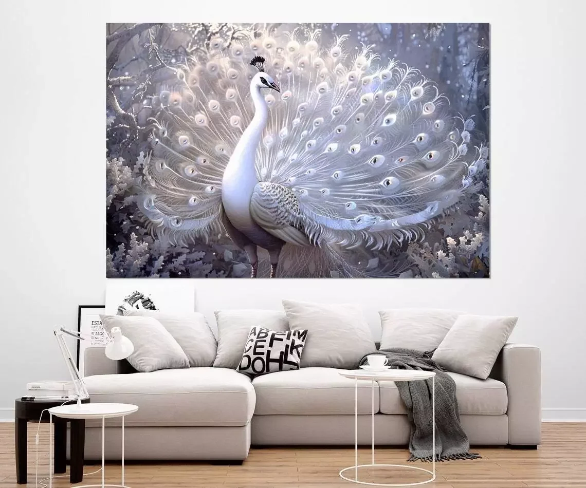 

Beautiful White Peacock Oil Painting Print Art Canvas Poster for Living Room Decoration Home Wall Decor Picture