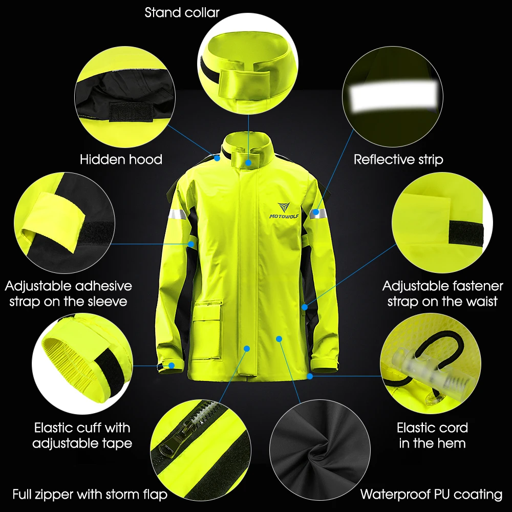 Men Motorcycle Rain Suit Outdoor Reflective Waterproof Rain Jacket and Pants Rain Gear for Bike Riding Cycling Camping Hiking