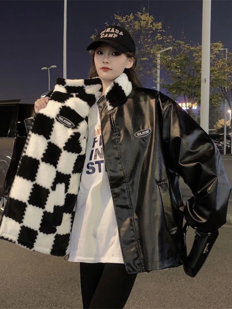 ファッション女性厚手レオパード柄フェイクラムファーコート雪ルーズ裏地リバーシブルウェアコート女性冬暖かいレザージャケット