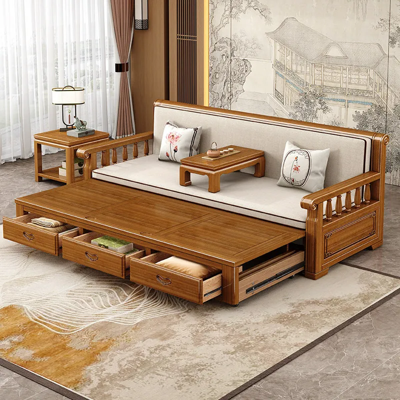 New Chinese solid wood Arhat bed living room small apartment Arhat couch dual-purpose push-pull folding sofa bed