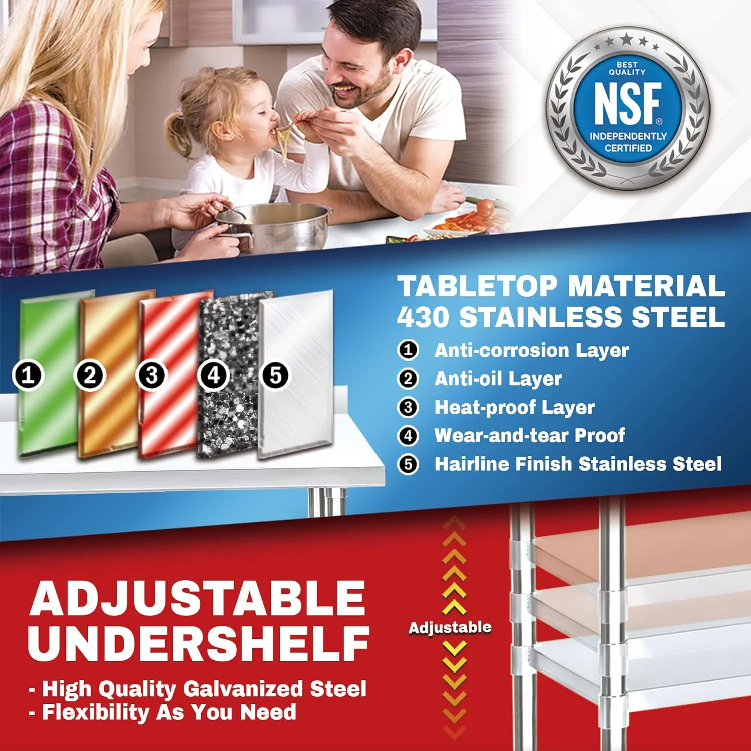 Durasteel Nsf Commerciële Keukentafel-24X30 Inch Kookvoorbereiding Roestvrijstalen Keukeneiland Werkstation W/Verstelbaar