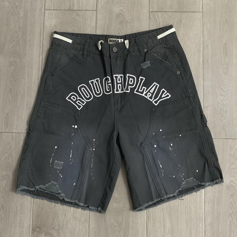Unisex Retro Washed ROUGH PLAY Cargo Shorts High Quality Splashed-ink Pattern Hip Hop Ripped Casual Shorts