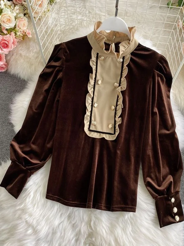 

Золотой бархатный длинный воротник-стойка, женский базовый топ, осень-зима, новый винтажный модный топ с деревянными ушками