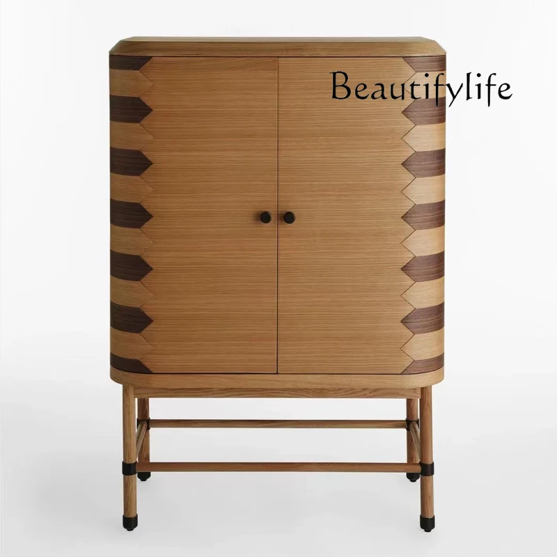 

Simple homestay leisure living room dining side solid wood wine cabinet semicircular striped color separation decoration