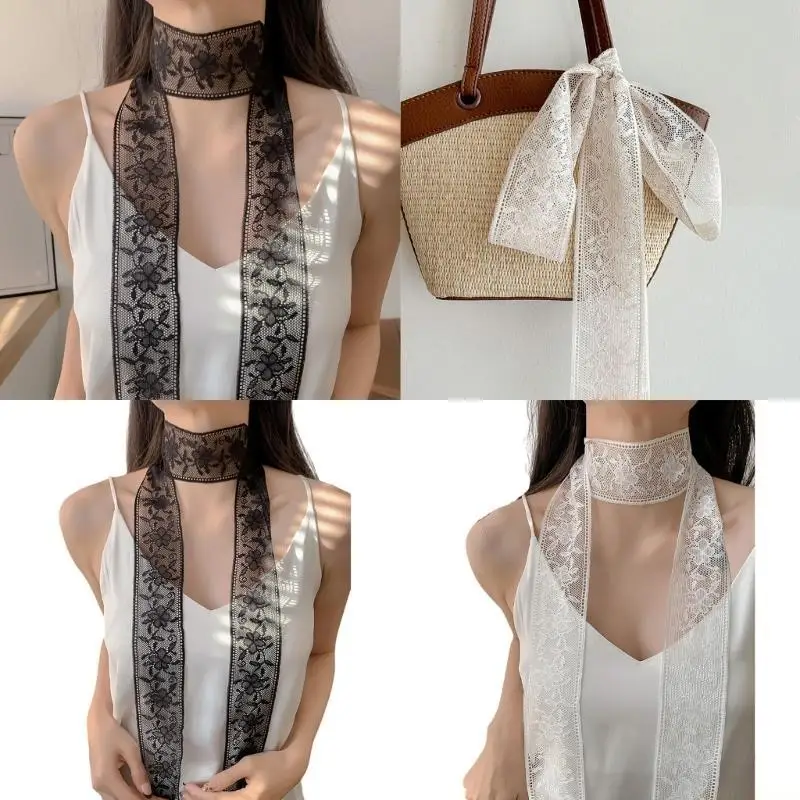 

31BF Luxurious Lace Scarves Flower Print Neckerchief Color Silk Scarves