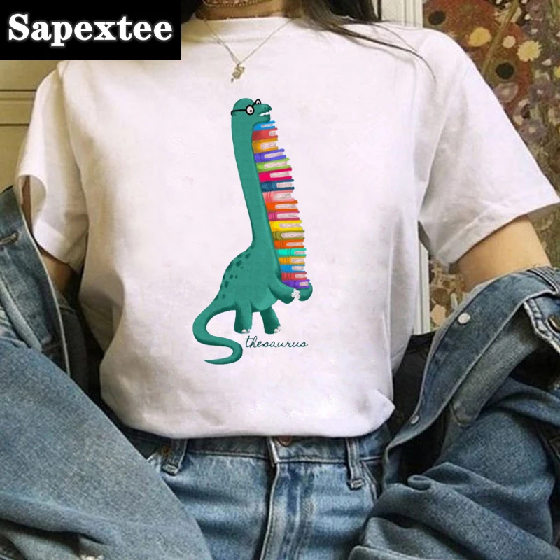 Футболка женская с принтом динозавра, милая летняя одежда с коротким рукавом, забавная Универсальная футболка с узором, Модный женский топ Футболка женская с принтом динозавра, милая летняя одежда с коротким рукавом, забавная Универсальная футболка с узором, Модный женский топ