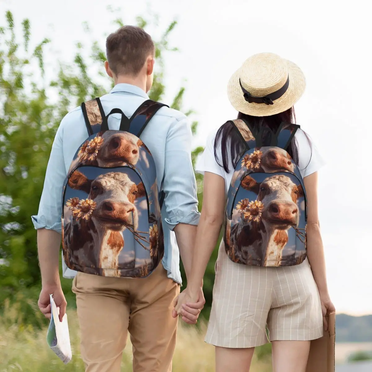 Cute Smiling Cow With Daisy Hat Design Student Backpack School Bag Hiking Travel Daypack for Men Women Bookbag Shoulder Bags
