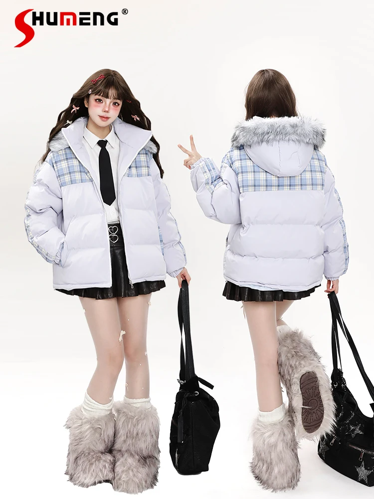 American Sweet Cool Girl Splicing Plaid Parker Removable Fur Collar Loose Warm Zipper Hooded Cotton Coat Jacket For Women Winter