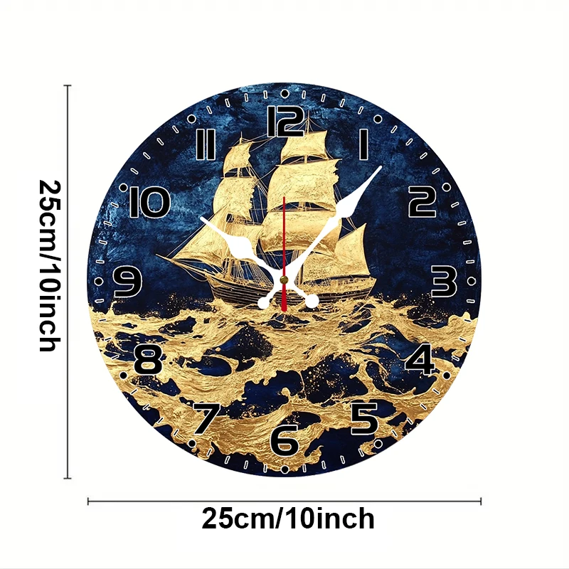 ساعة حائط معلقة خشبية مستديرة صامتة على شكل سفينة ذهبية، مناسبة لغرفة المعيشة والمكتب وغرفة الدراسة وغرفة النوم وديكور المنزل #2