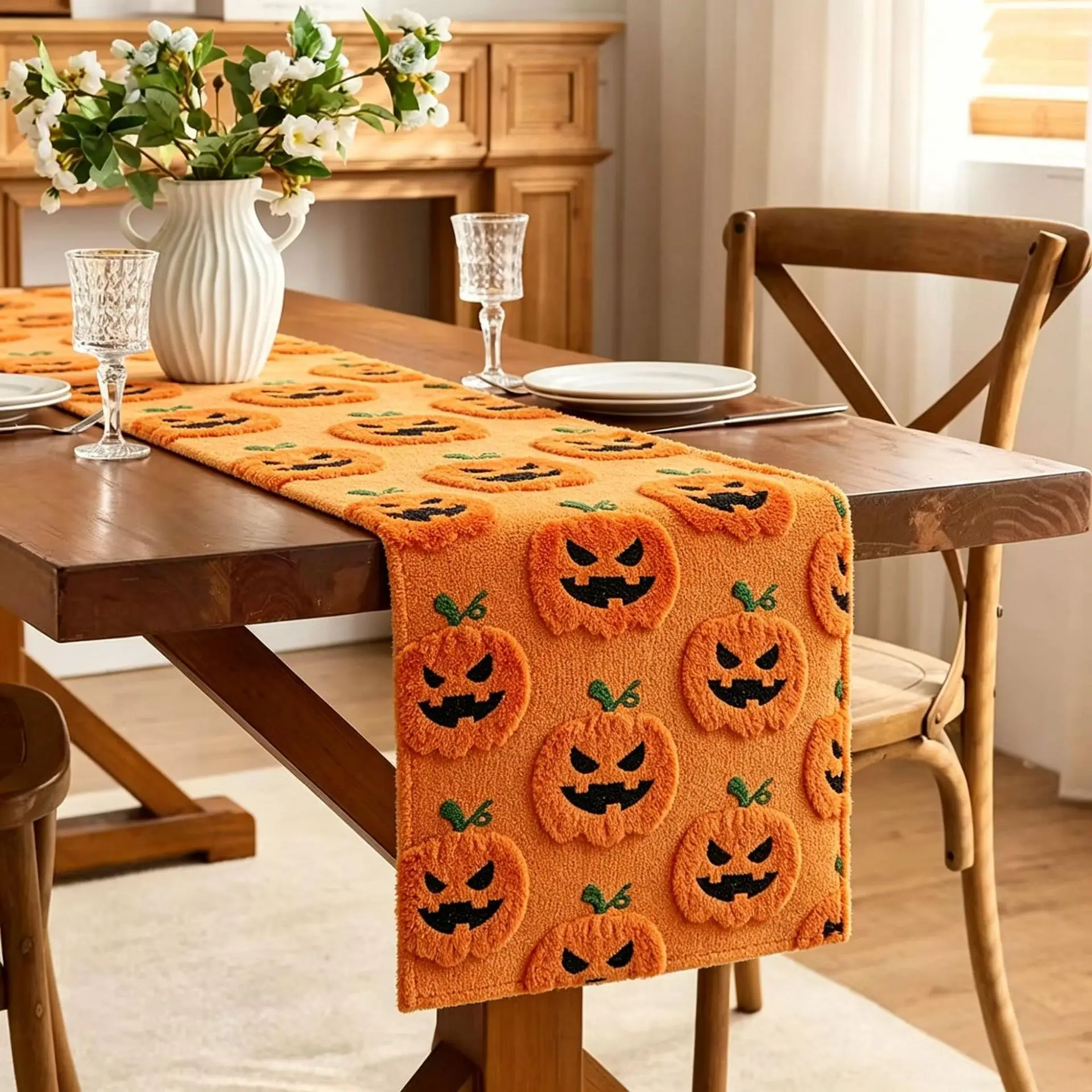 PV Velvet Halloween Embroidery Tablecloth Pumpkin Orange Short-Haired Velvet Embroidered Tablecloth Table Cover Decoration