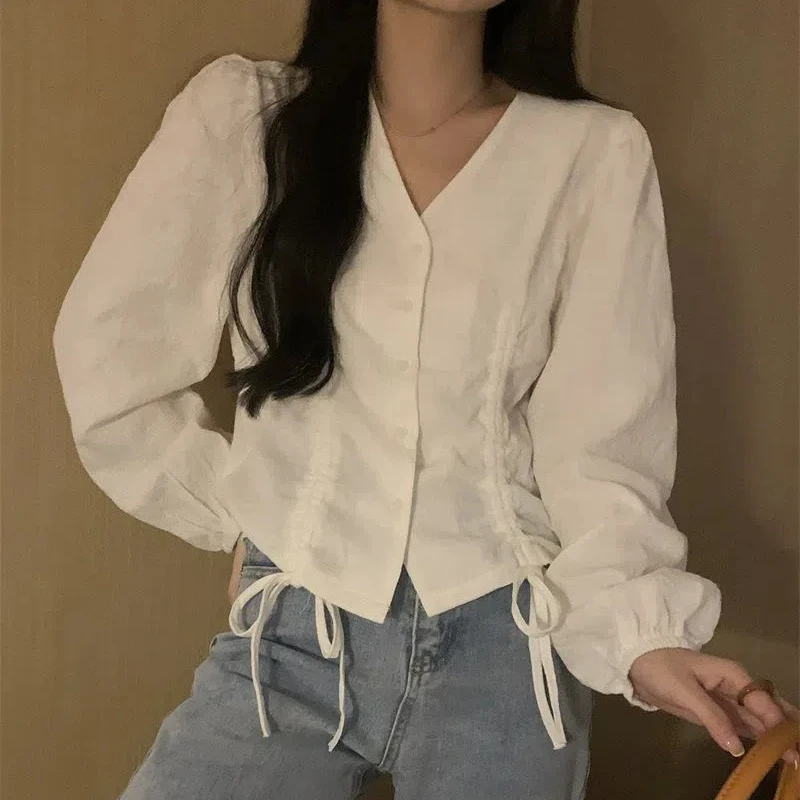 Lazy Fashion Long Sleeve V Neck Blouse Women Clothing Spring Autumn New Solid Color Drawstring Korean Shirt Tops Vintage Elegant