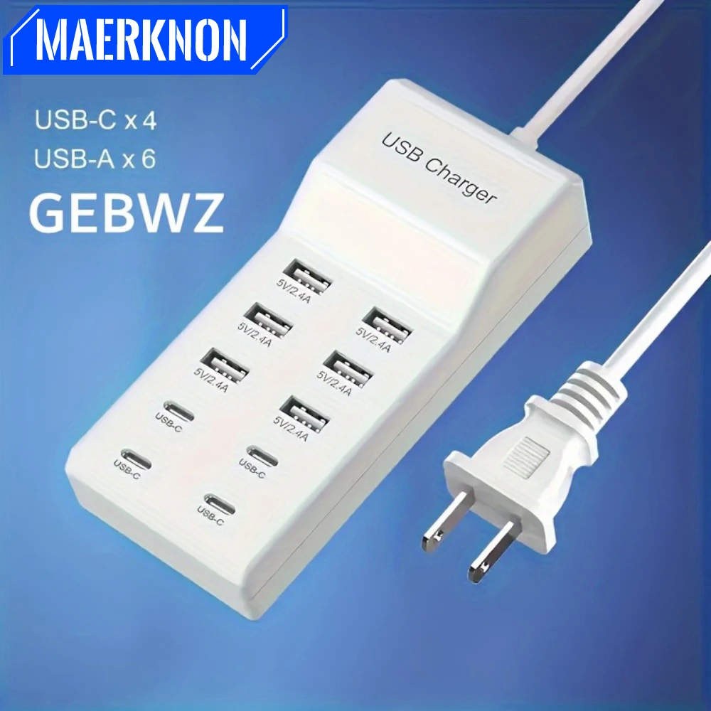 10-Ports 50W USB Charger USB Charging Station for Multi Devices Type C Hub Adapter Extension Socket For iPhone Samsung Xiaomi 15