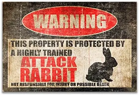 Krouterebs Rabbit Sign Funny Attack Bunny Warning Danger Metal Tin Kitchen Pub Novelty Coffee Christams Gifts