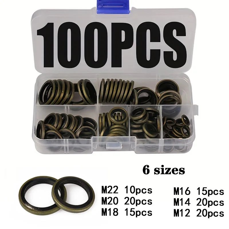 100pcs Bonded Seal Sealing Ring Assortment Kit Oil Drain Screw Combined Washer Seal Set    M12 M14 M16 M18 M20 M22